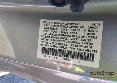 2019 Honda Civic Sport из США, поврежденный, VIN 2HGFC4B84KH304928